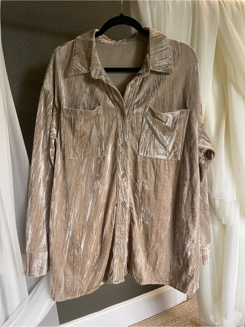 Women's Shimmery Beige Button-Up Shirt